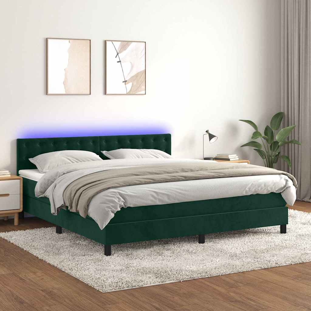 Κρεβάτι Boxspring με Στρώμα & LED Σκ. Πράσινο 160x200εκ Βελούδο