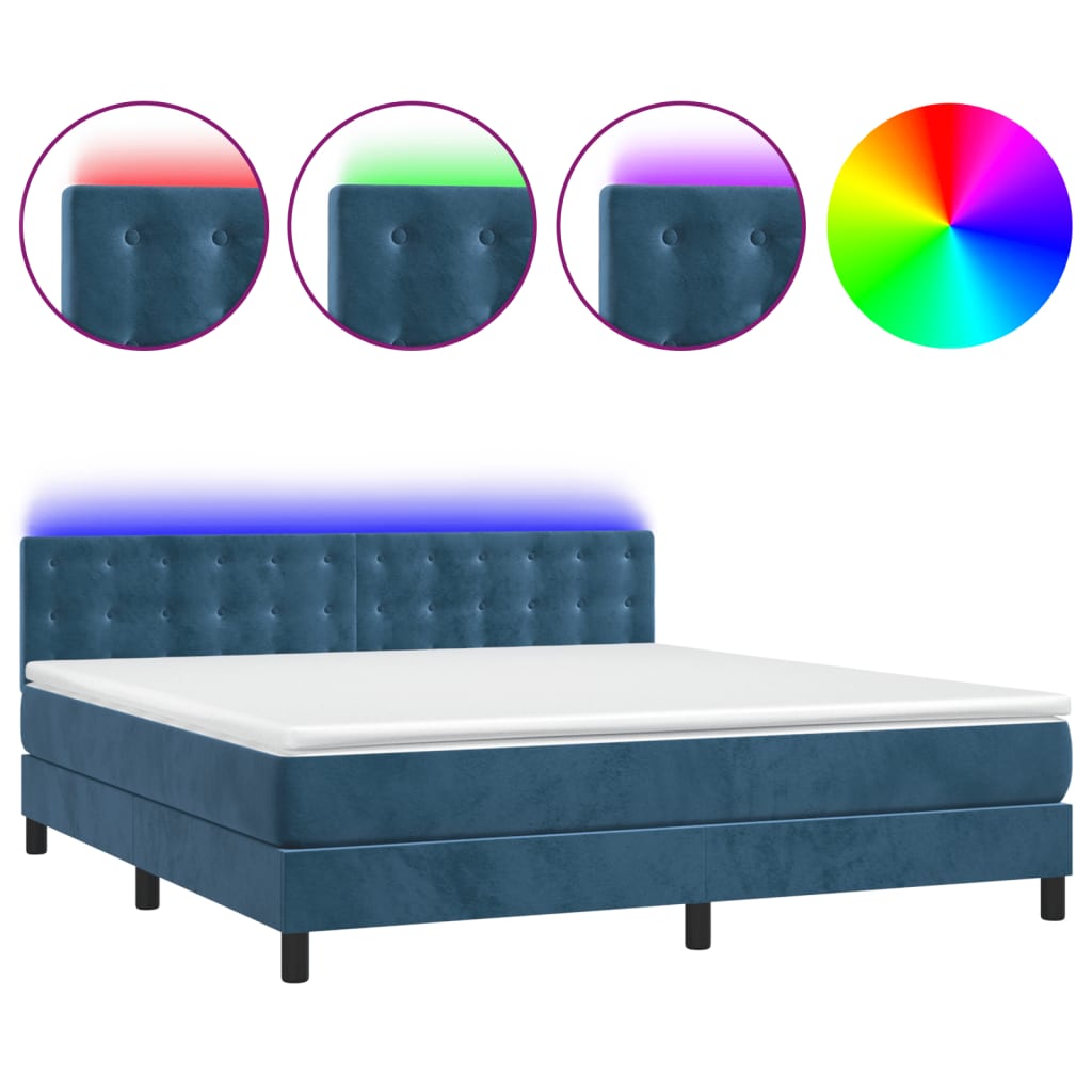 Κρεβάτι Boxspring με Στρώμα & LED Σκ. Μπλε 160x200εκ. Βελούδινο