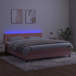 Κρεβάτι Boxspring με Στρώμα & LED Ροζ 160x200 εκ. Βελούδινο