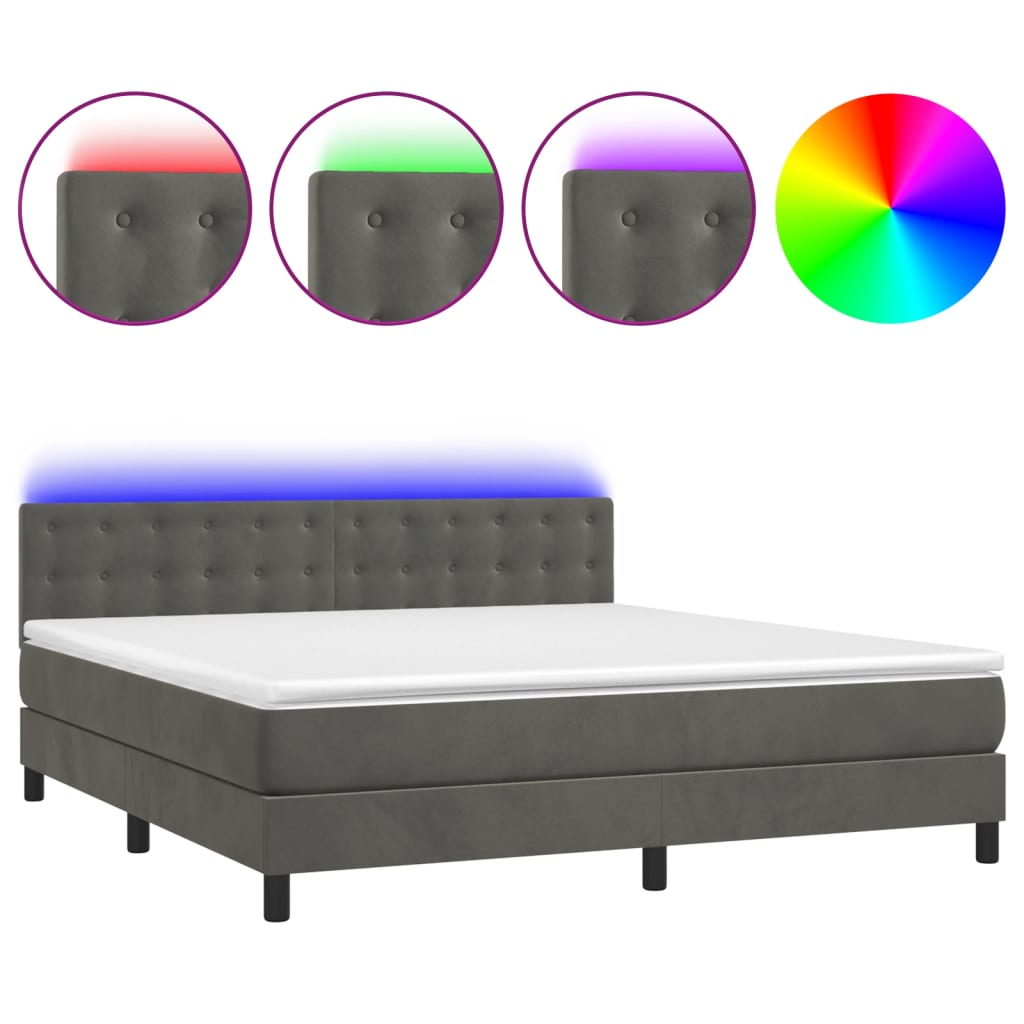 Κρεβάτι Boxspring με Στρώμα & LED Σκ. Γκρι 180x200εκ. Βελούδινο