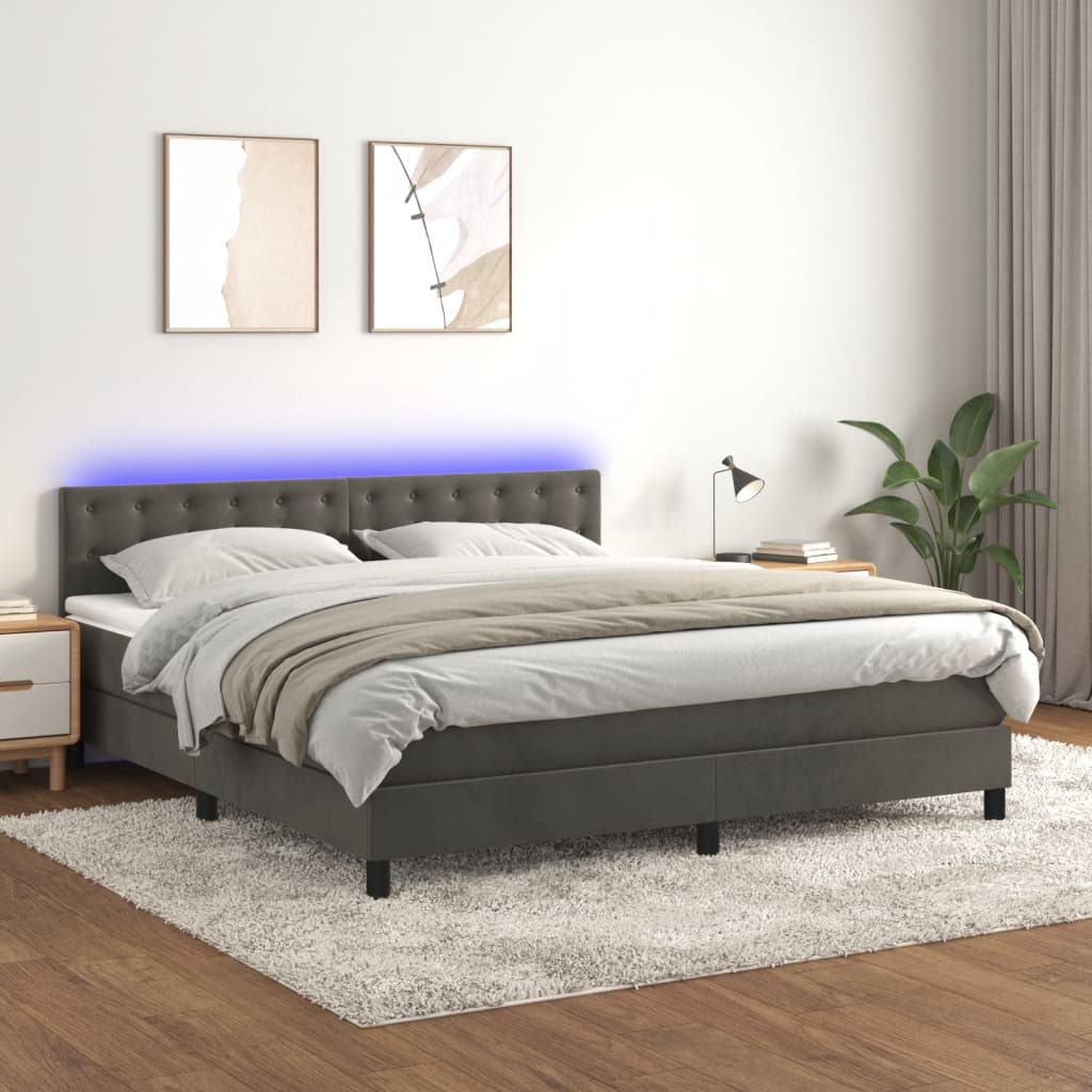 Κρεβάτι Boxspring με Στρώμα & LED Σκ. Γκρι 180x200εκ. Βελούδινο