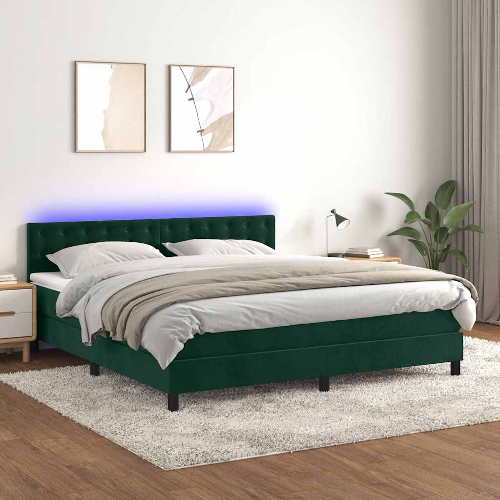 Κρεβάτι Boxspring με Στρώμα & LED Σκ. Πράσινο 180x200εκ Βελούδο