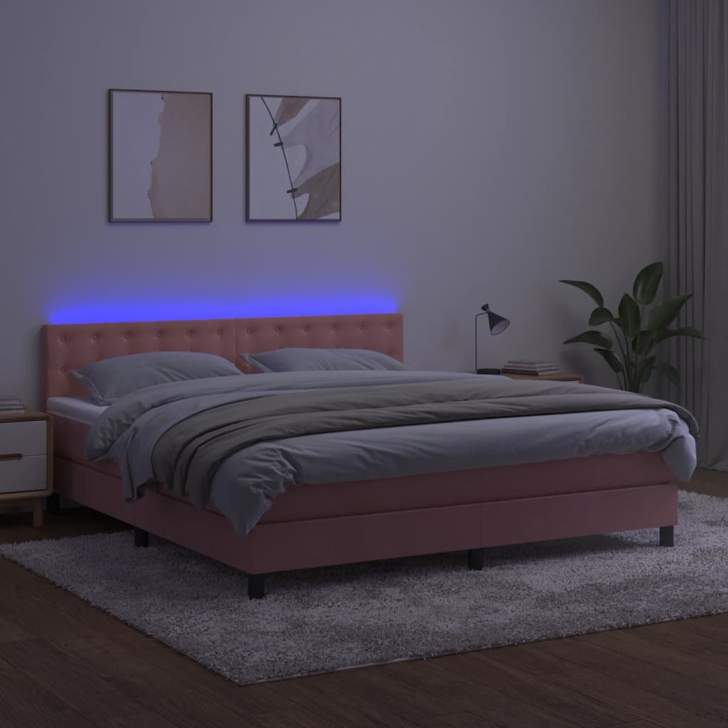 Κρεβάτι Boxspring με Στρώμα & LED Ροζ 180x200 εκ. Βελούδινο