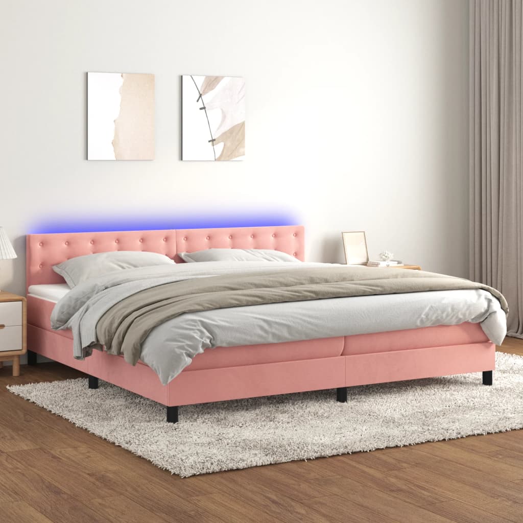 Κρεβάτι Boxspring με Στρώμα & LED Ροζ 200x200 εκ. Βελούδινο