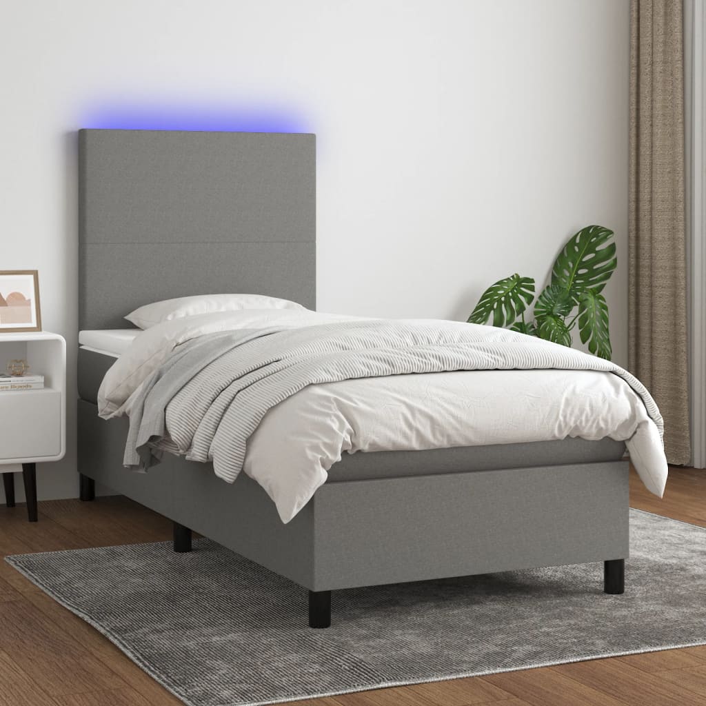 Κρεβάτι Boxspring με Στρώμα & LED Σκ.Γκρι 90x190 εκ. Υφασμάτινο