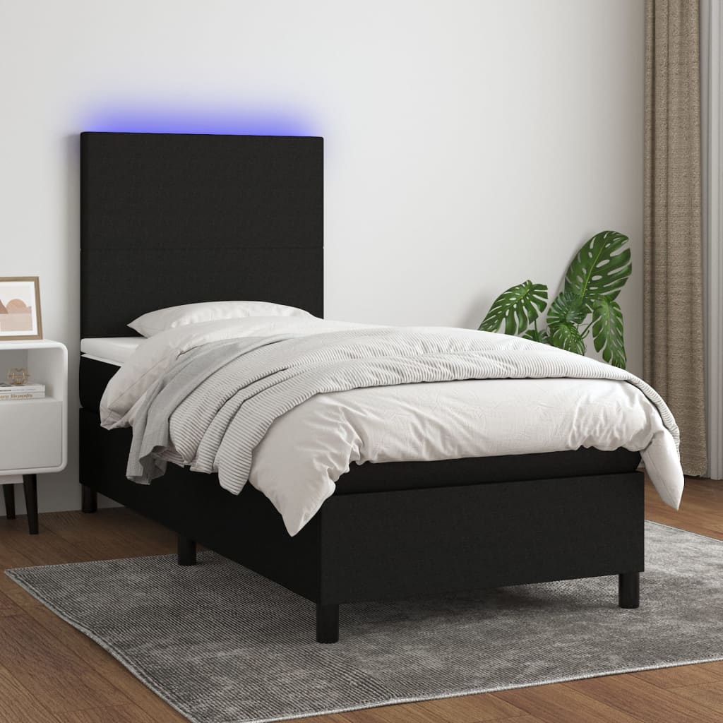 Κρεβάτι Boxspring με Στρώμα & LED Μαύρο 90x190 εκ. Υφασμάτινο - Pakobazaar