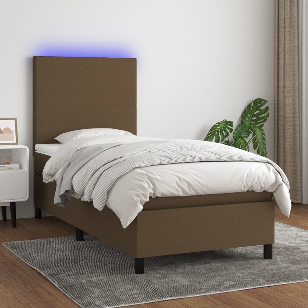 Κρεβάτι Boxspring με Στρώμα & LED Σκ.Καφέ 90x190 εκ. Υφασμάτινο