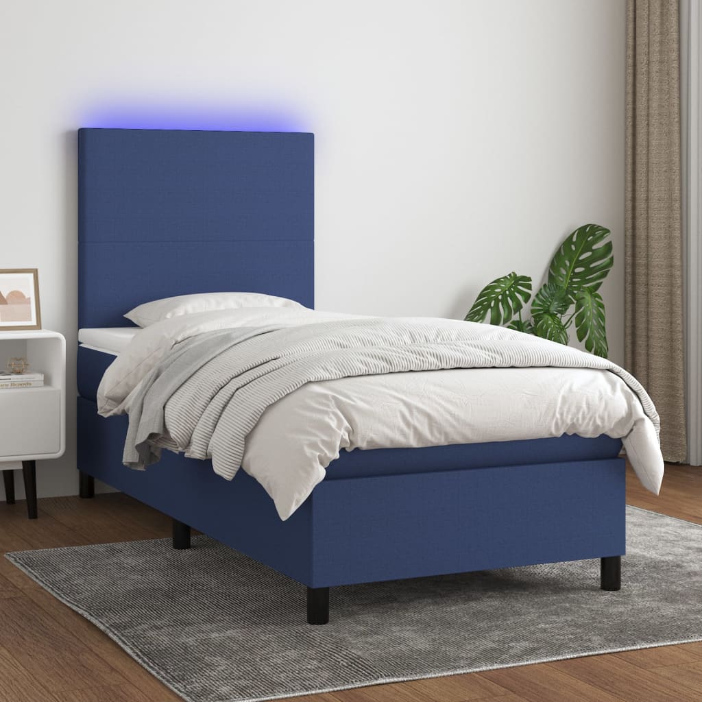 Κρεβάτι Boxspring με Στρώμα & LED Μπλε 90x190 εκ. Υφασμάτινο