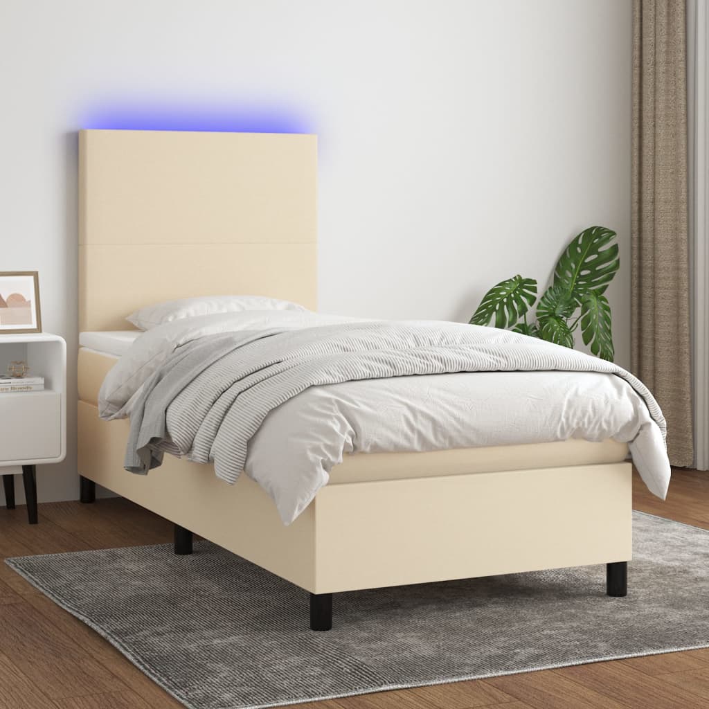 Κρεβάτι Boxspring με Στρώμα & LED Κρεμ 90x200 εκ. Υφασμάτινο