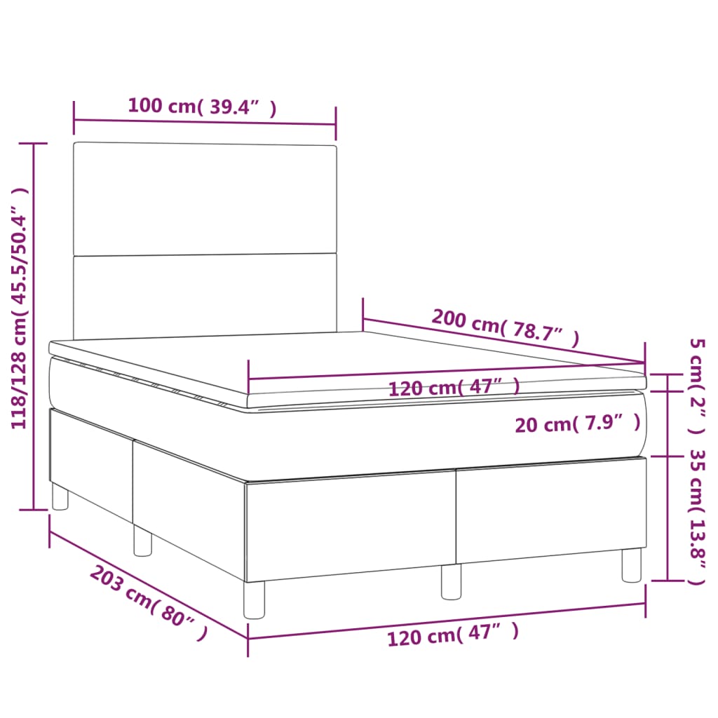 Κρεβάτι Boxspring με Στρώμα & LED Σκ.Γκρι 120x200 εκ Υφασμάτινο