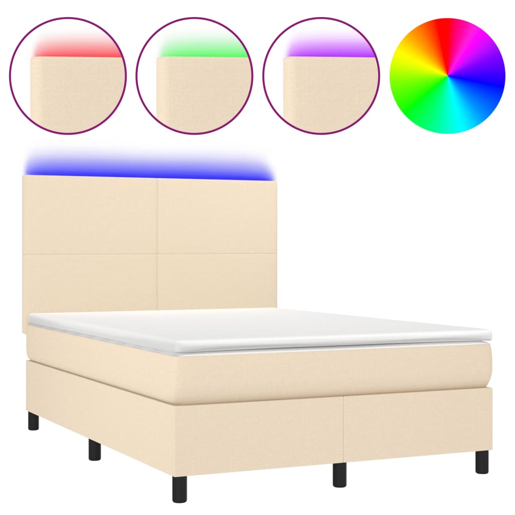 Κρεβάτι Boxspring με Στρώμα & LED Κρεμ 140x190 εκ. Υφασμάτινο - Pakobazaar