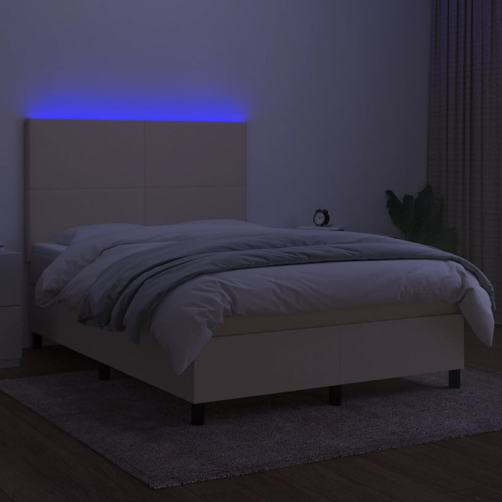 Κρεβάτι Boxspring με Στρώμα & LED Κρεμ 140x190 εκ. Υφασμάτινο - Pakobazaar
