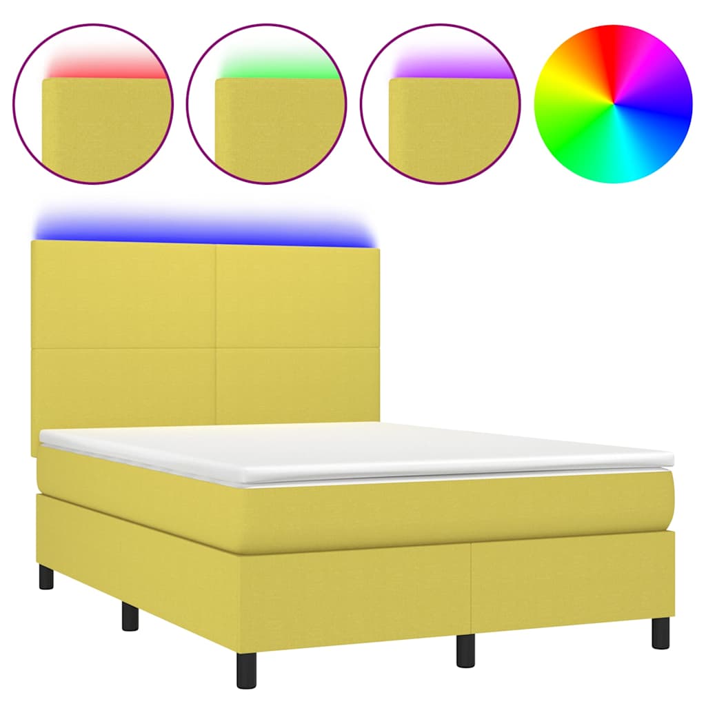 Κρεβάτι Boxspring με Στρώμα & LED Πράσινο 140x190 εκ Υφασμάτινο