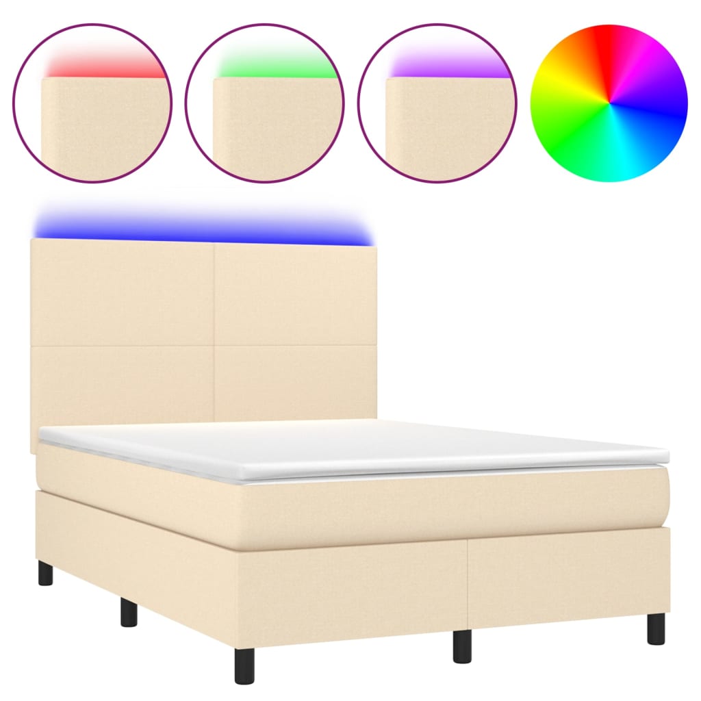 Κρεβάτι Boxspring με Στρώμα & LED Κρεμ 140x200 εκ. Υφασμάτινο
