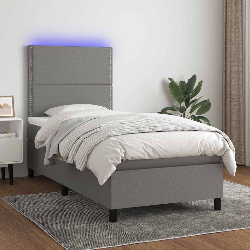 Κρεβάτι Boxspring με Στρώμα & LED Σκ.Γκρι 80x200 εκ. Υφασμάτινο