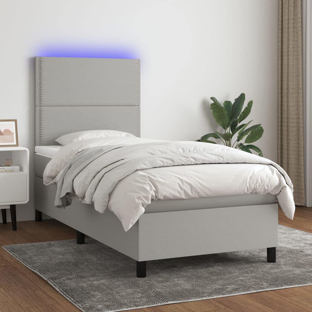 Κρεβάτι Boxspring με Στρώμα & LED Αν.Γκρι 90x190 εκ. Υφασμάτινο