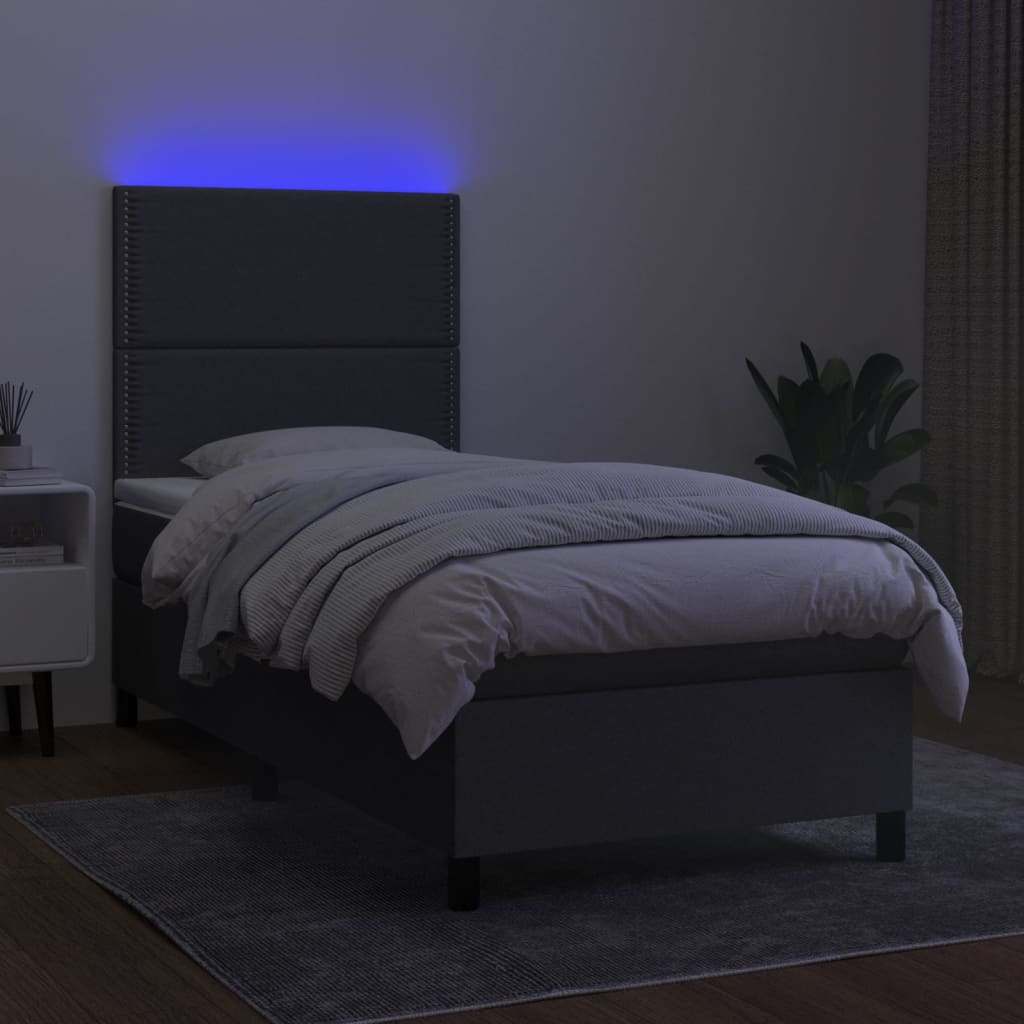 Κρεβάτι Boxspring με Στρώμα & LED Σκ.Γκρι 90x190 εκ. Υφασμάτινο