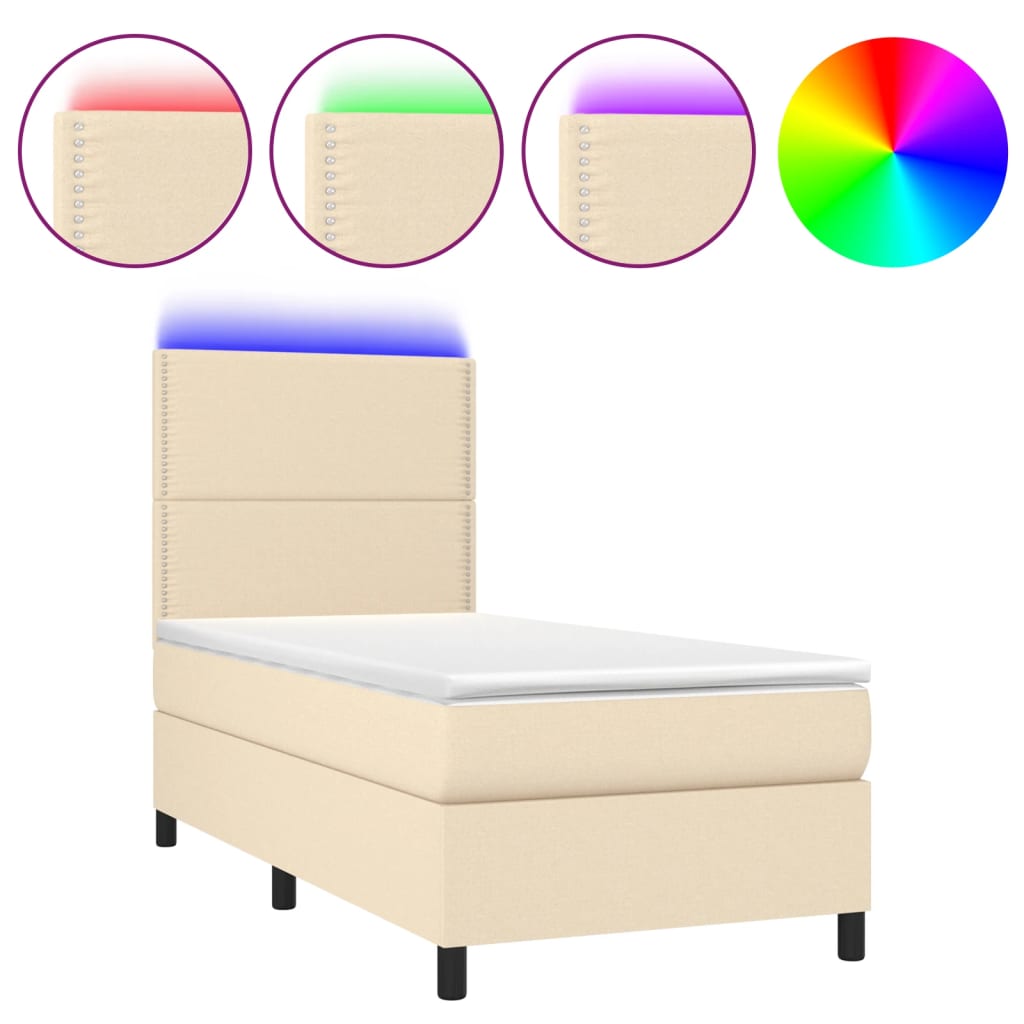 Κρεβάτι Boxspring με Στρώμα & LED Κρεμ 90x190 εκ. Υφασμάτινο