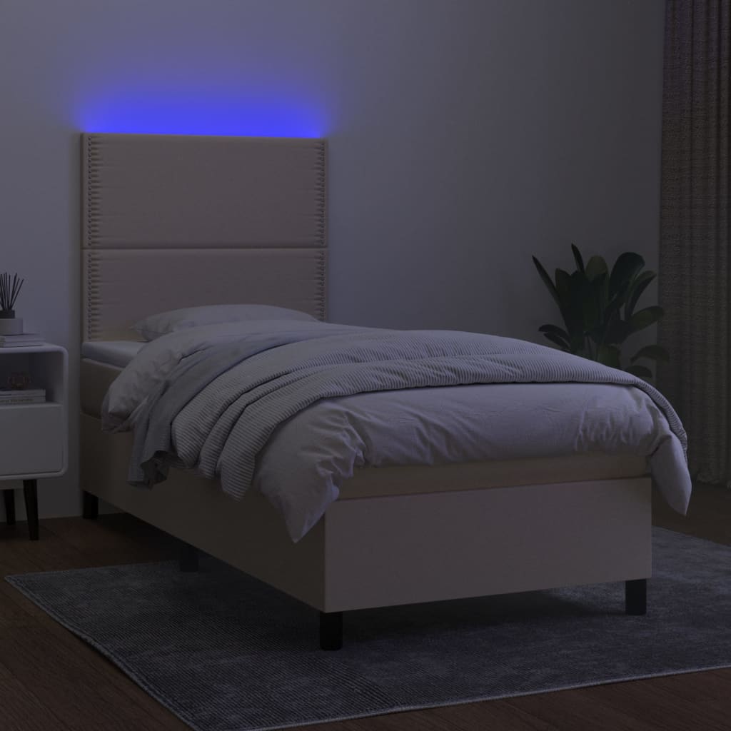 Κρεβάτι Boxspring με Στρώμα & LED Κρεμ 90x190 εκ. Υφασμάτινο