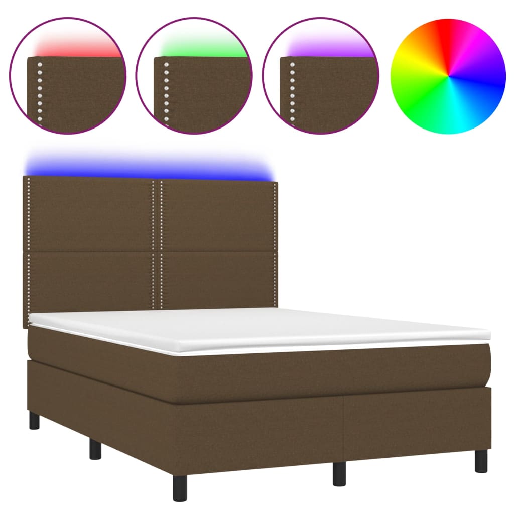 Κρεβάτι Boxspring με Στρώμα & LED Σκ.Καφέ 140x190εκ. Υφασμάτινο
