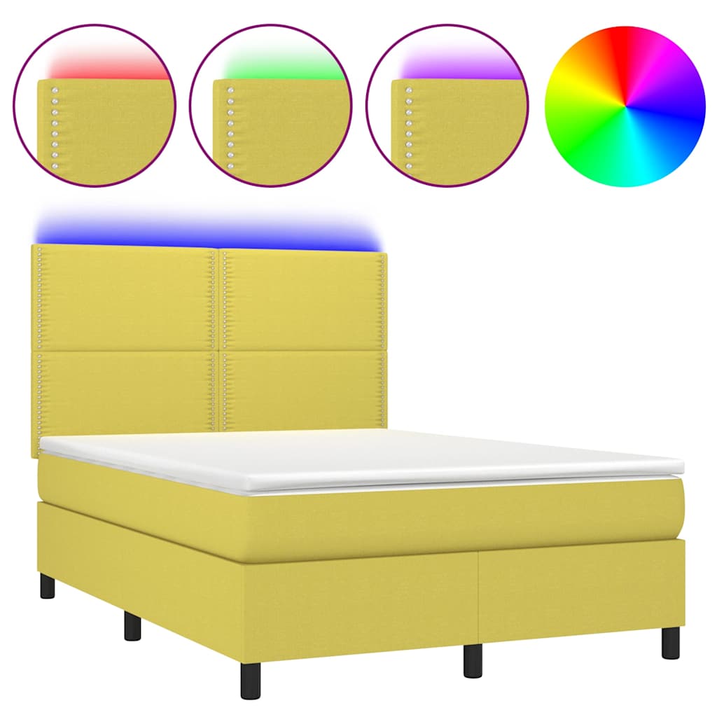 Κρεβάτι Boxspring με Στρώμα & LED Πράσινο 140x190 εκ Υφασμάτινο