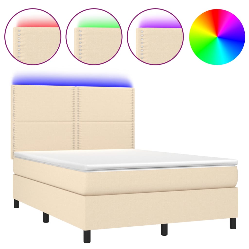 Κρεβάτι Boxspring με Στρώμα & LED Κρεμ 140x200 εκ. Υφασμάτινο