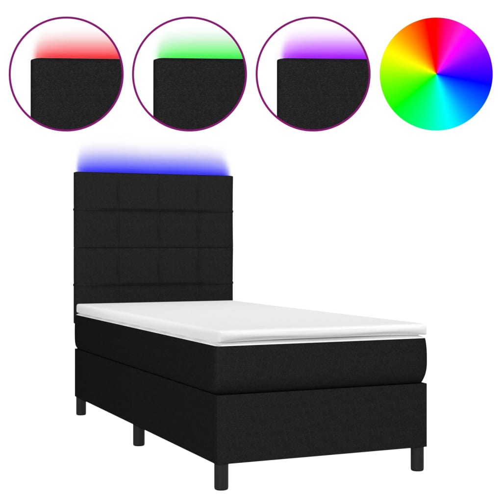Κρεβάτι Boxspring με Στρώμα & LED Μαύρο 90x190 εκ. Υφασμάτινο - Pakobazaar
