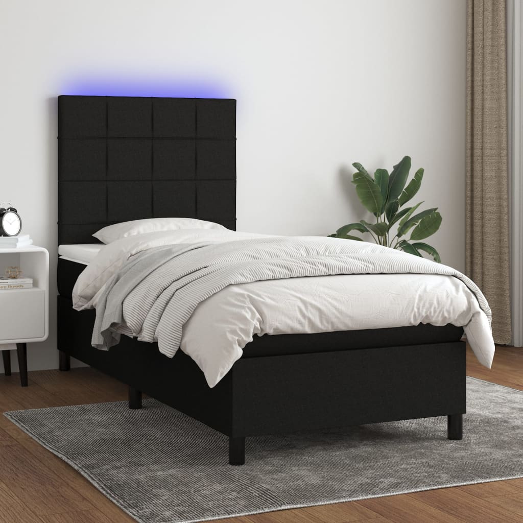 Κρεβάτι Boxspring με Στρώμα & LED Μαύρο 90x190 εκ. Υφασμάτινο - Pakobazaar