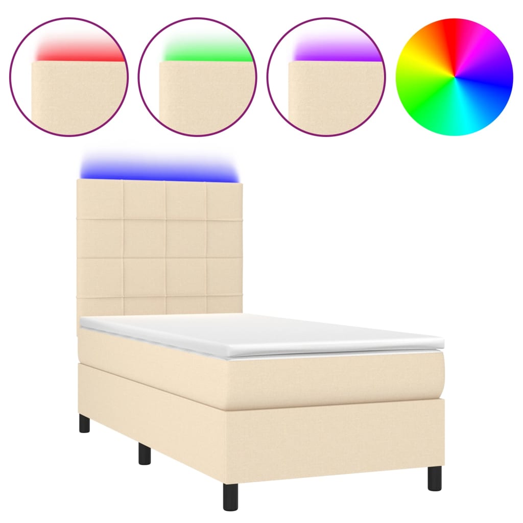 Κρεβάτι Boxspring με Στρώμα & LED Κρεμ 90x190 εκ. Υφασμάτινο