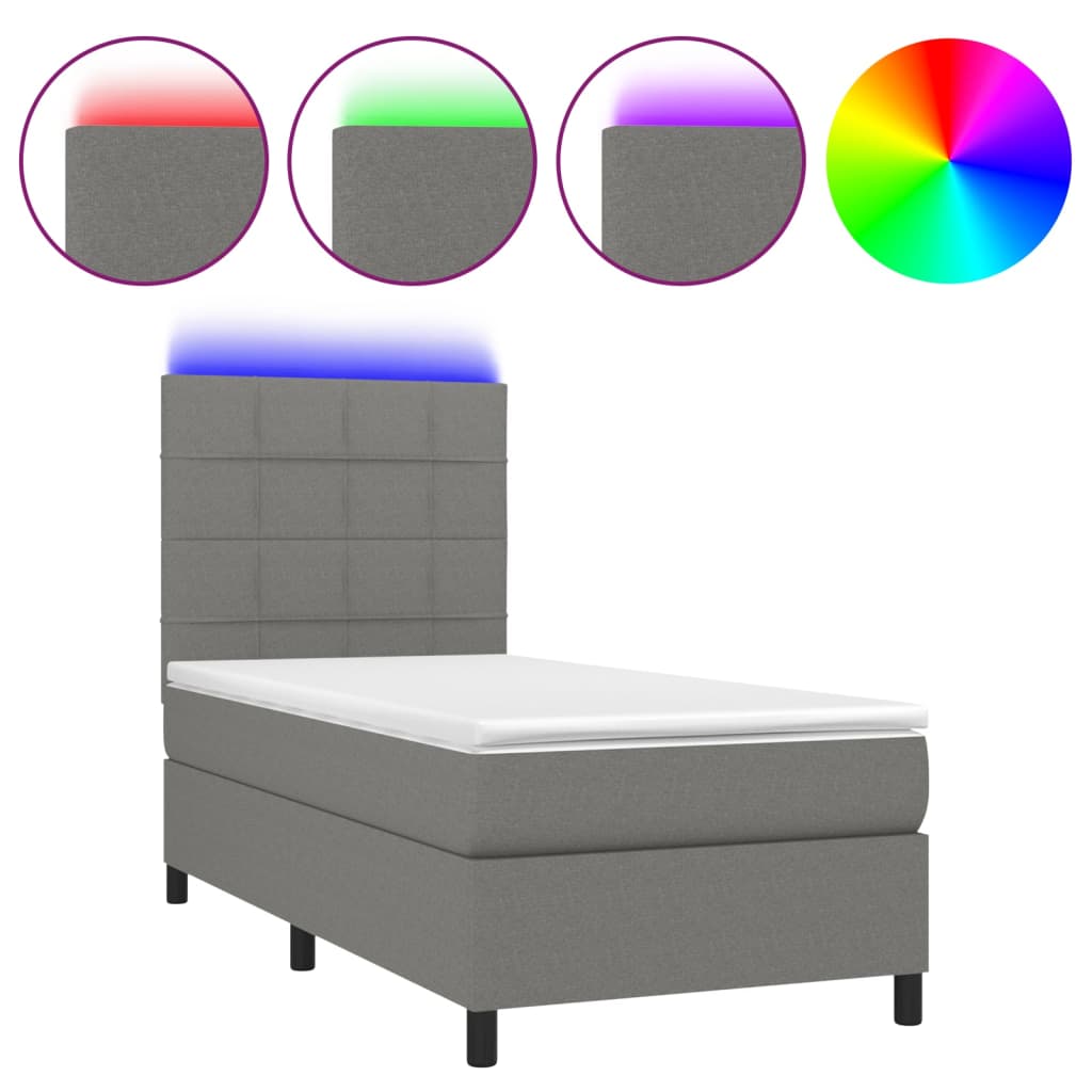 Κρεβάτι Boxspring με Στρώμα & LED Σκ.Γκρι 90x200 εκ. Υφασμάτινο