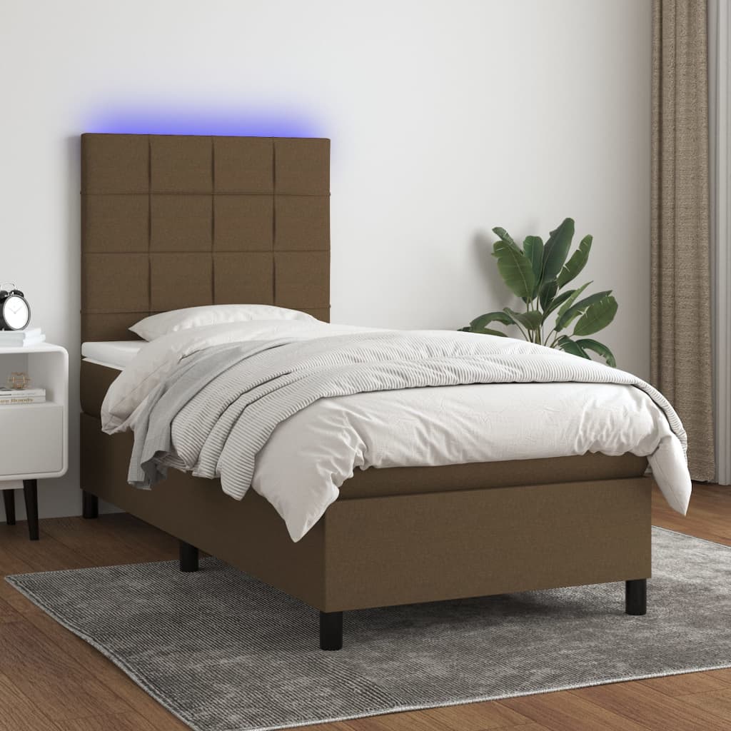 Κρεβάτι Boxspring με Στρώμα & LED Σκ.Καφέ 90x200 εκ. Υφασμάτινο