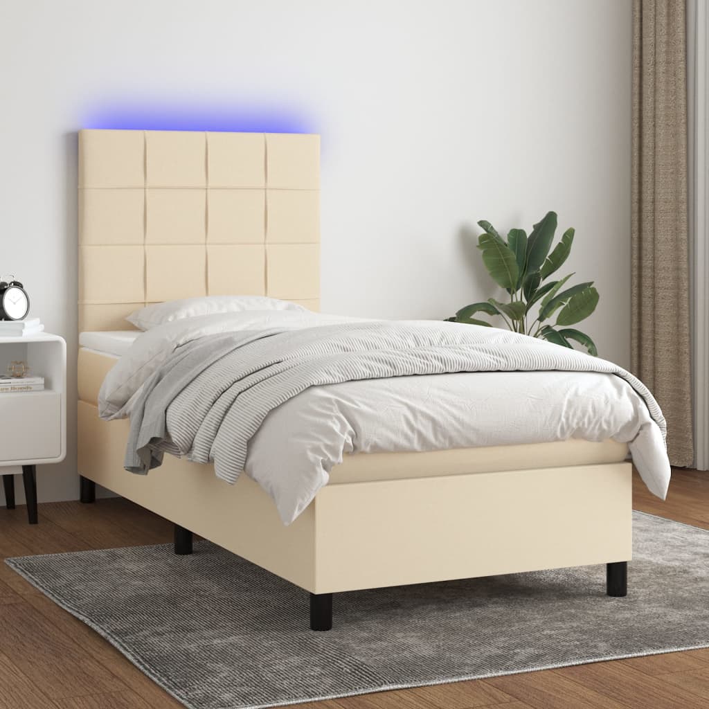 Κρεβάτι Boxspring με Στρώμα & LED Κρεμ 100x200 εκ. Υφασμάτινο