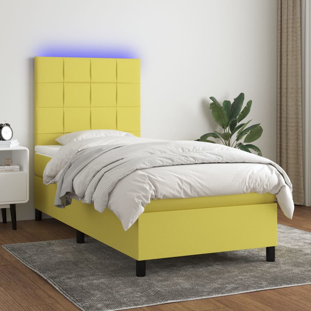 Κρεβάτι Boxspring με Στρώμα & LED Πράσινο 100x200 εκ Υφασμάτινο