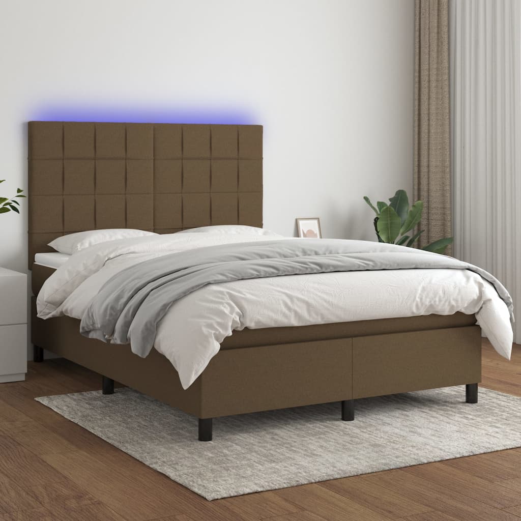 Κρεβάτι Boxspring με Στρώμα & LED Σκ.Καφέ 140x190εκ. Υφασμάτινο