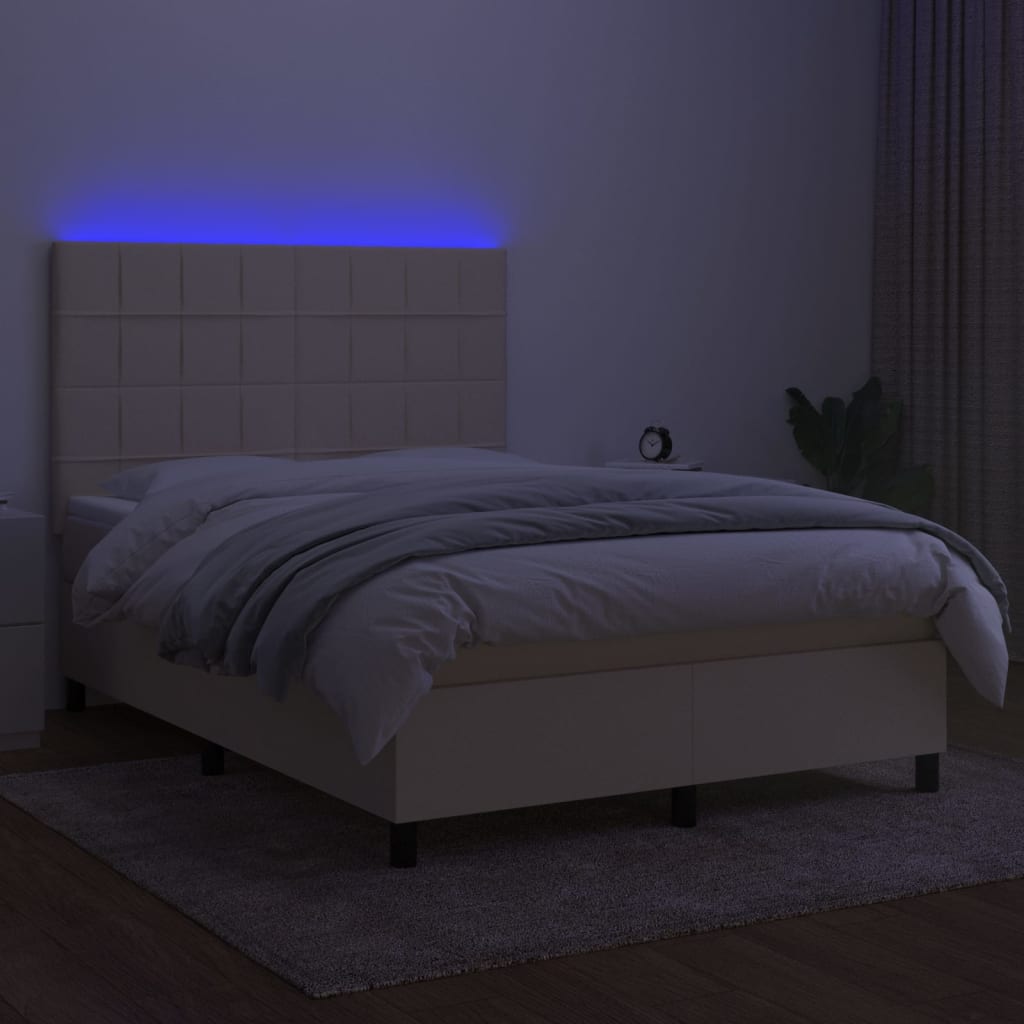 Κρεβάτι Boxspring με Στρώμα & LED Κρεμ 140x190 εκ. Υφασμάτινο - Pakobazaar