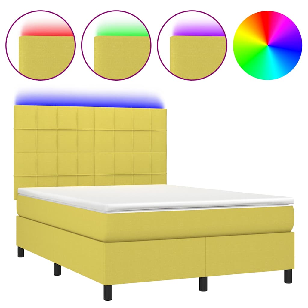 Κρεβάτι Boxspring με Στρώμα & LED Πράσινο 140x190 εκ Υφασμάτινο