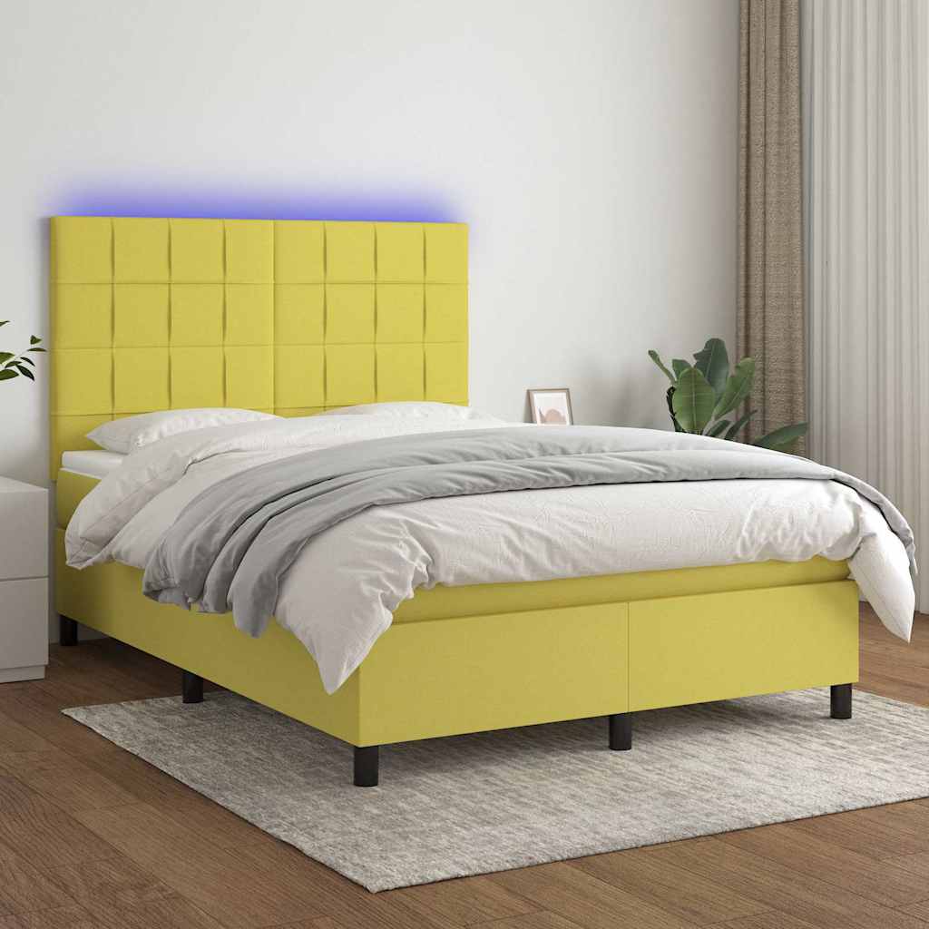 Κρεβάτι Boxspring με Στρώμα & LED Πράσινο 140x190 εκ Υφασμάτινο