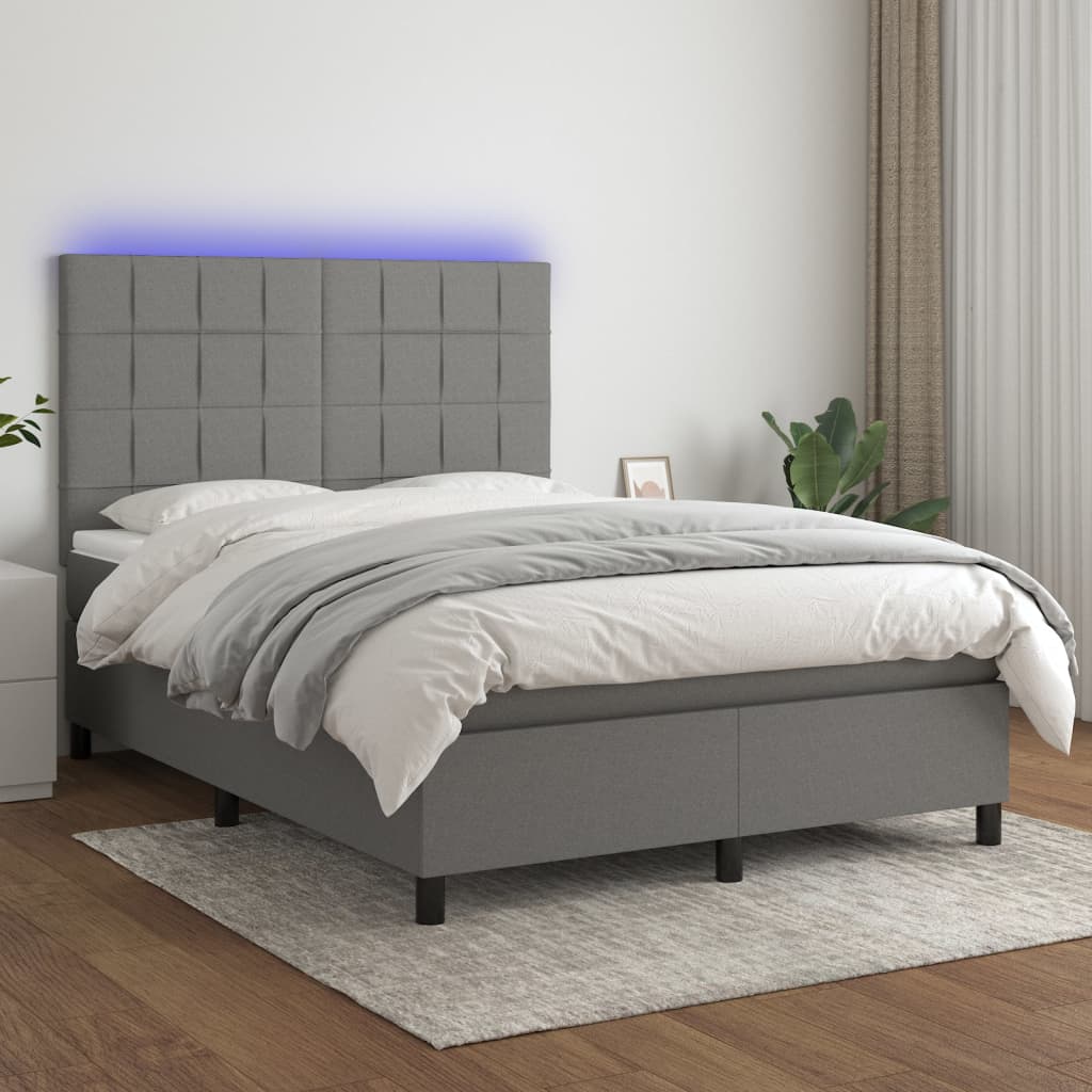 Κρεβάτι Boxspring με Στρώμα & LED Σκ.Γκρι 140x200 εκ Υφασμάτινο