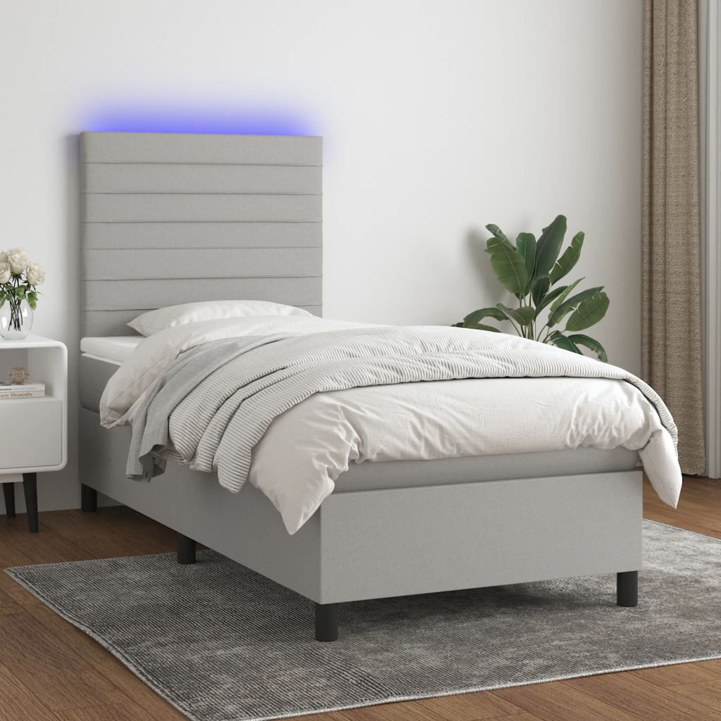 Κρεβάτι Boxspring με Στρώμα & LED Αν.Γκρι 90x190 εκ. Υφασμάτινο