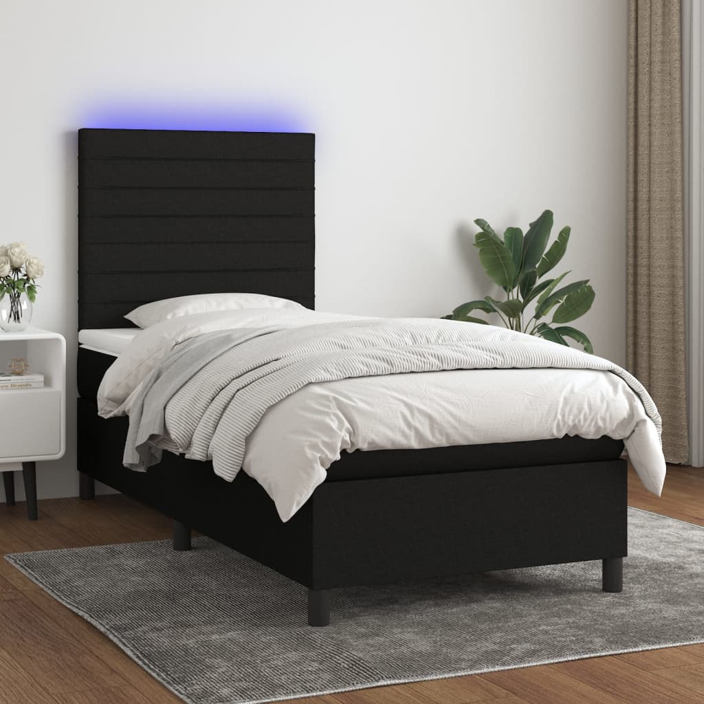 Κρεβάτι Boxspring με Στρώμα & LED Μαύρο 90x190 εκ. Υφασμάτινο - Pakobazaar