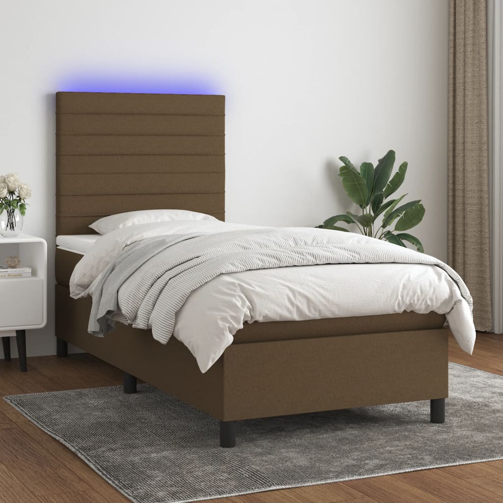 Κρεβάτι Boxspring με Στρώμα & LED Σκ.Καφέ 90x190 εκ. Υφασμάτινο