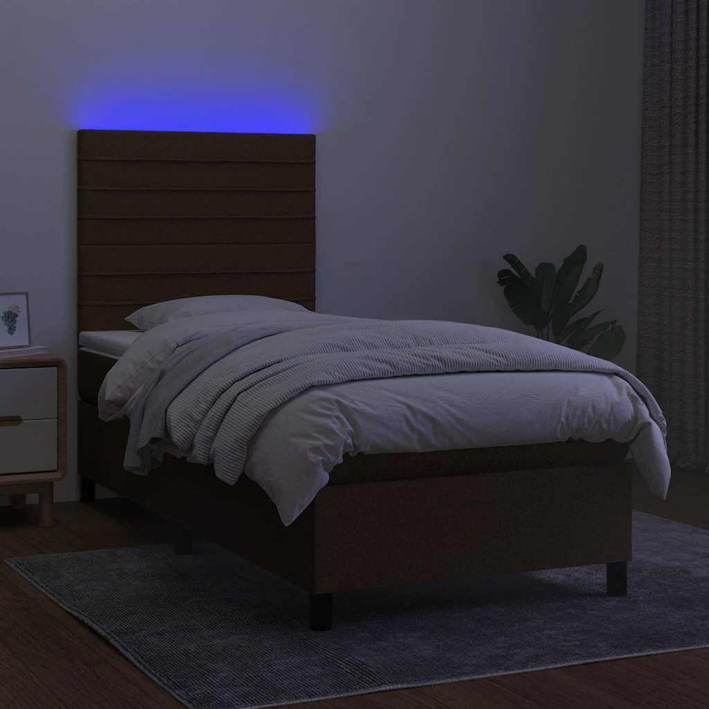 Κρεβάτι Boxspring με Στρώμα & LED Σκ.Καφέ 90x200 εκ. Υφασμάτινο