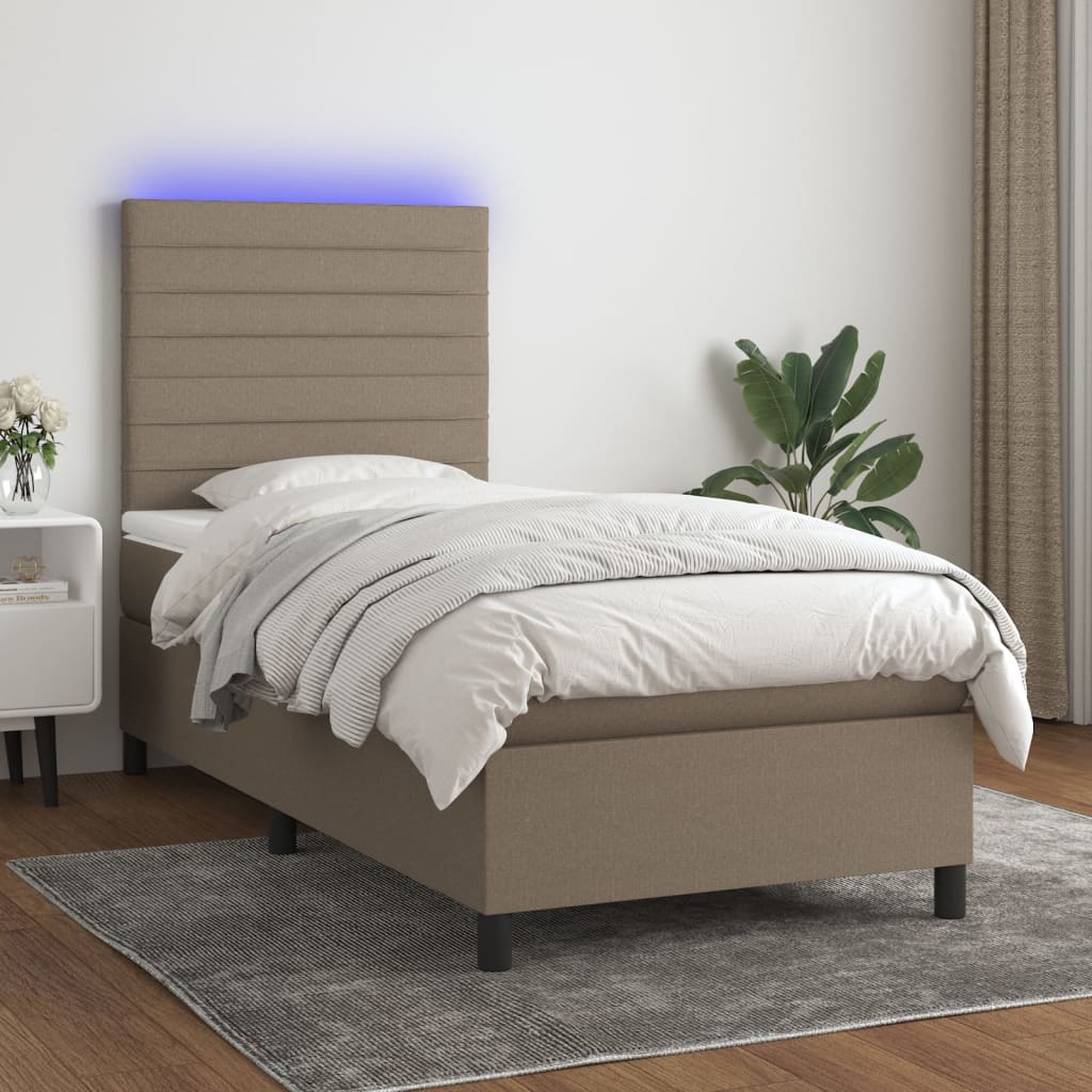 Κρεβάτι Boxspring με Στρώμα & LED Taupe 90x200 εκ. Υφασμάτινο