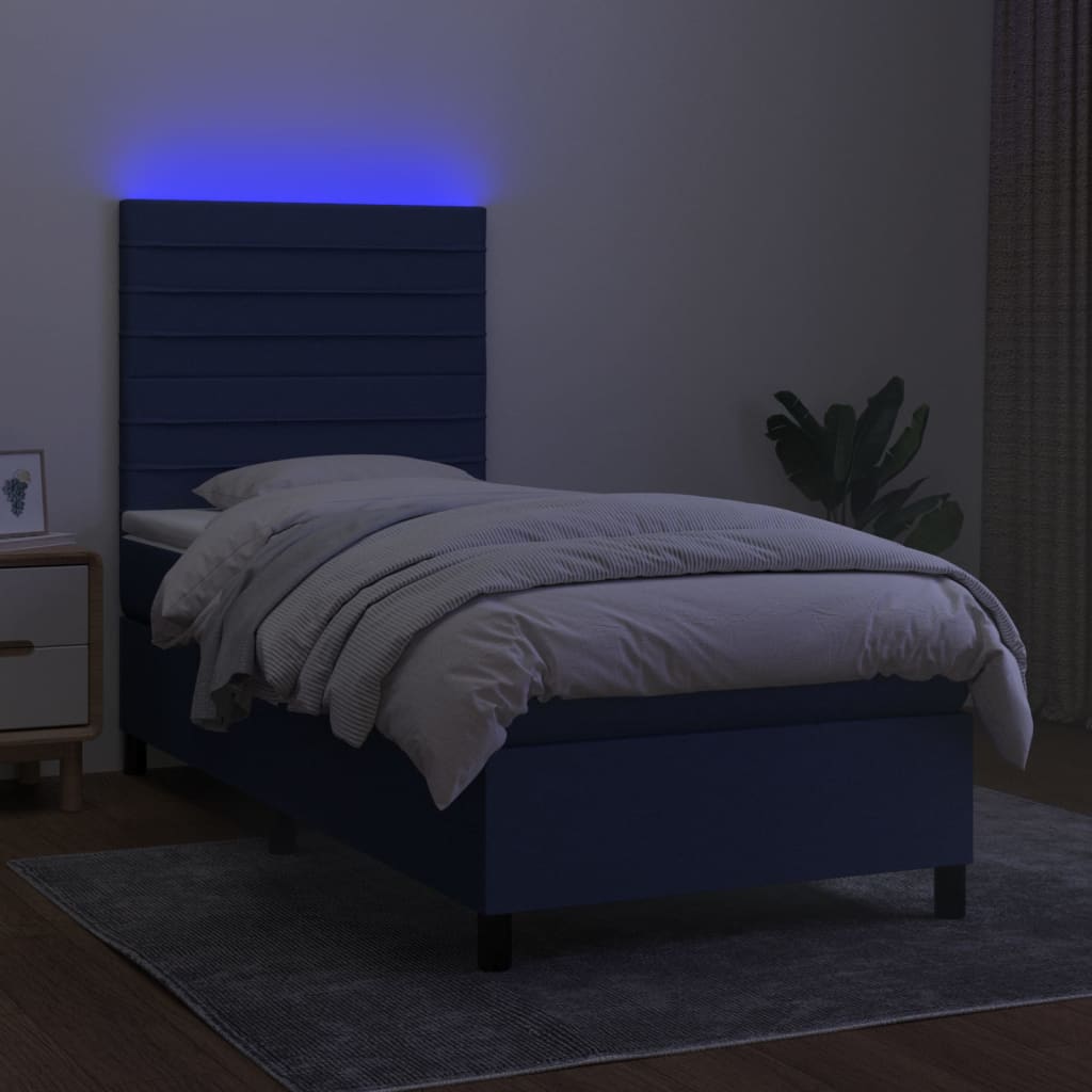 Κρεβάτι Boxspring με Στρώμα & LED Μπλε 90x200 εκ. Υφασμάτινο