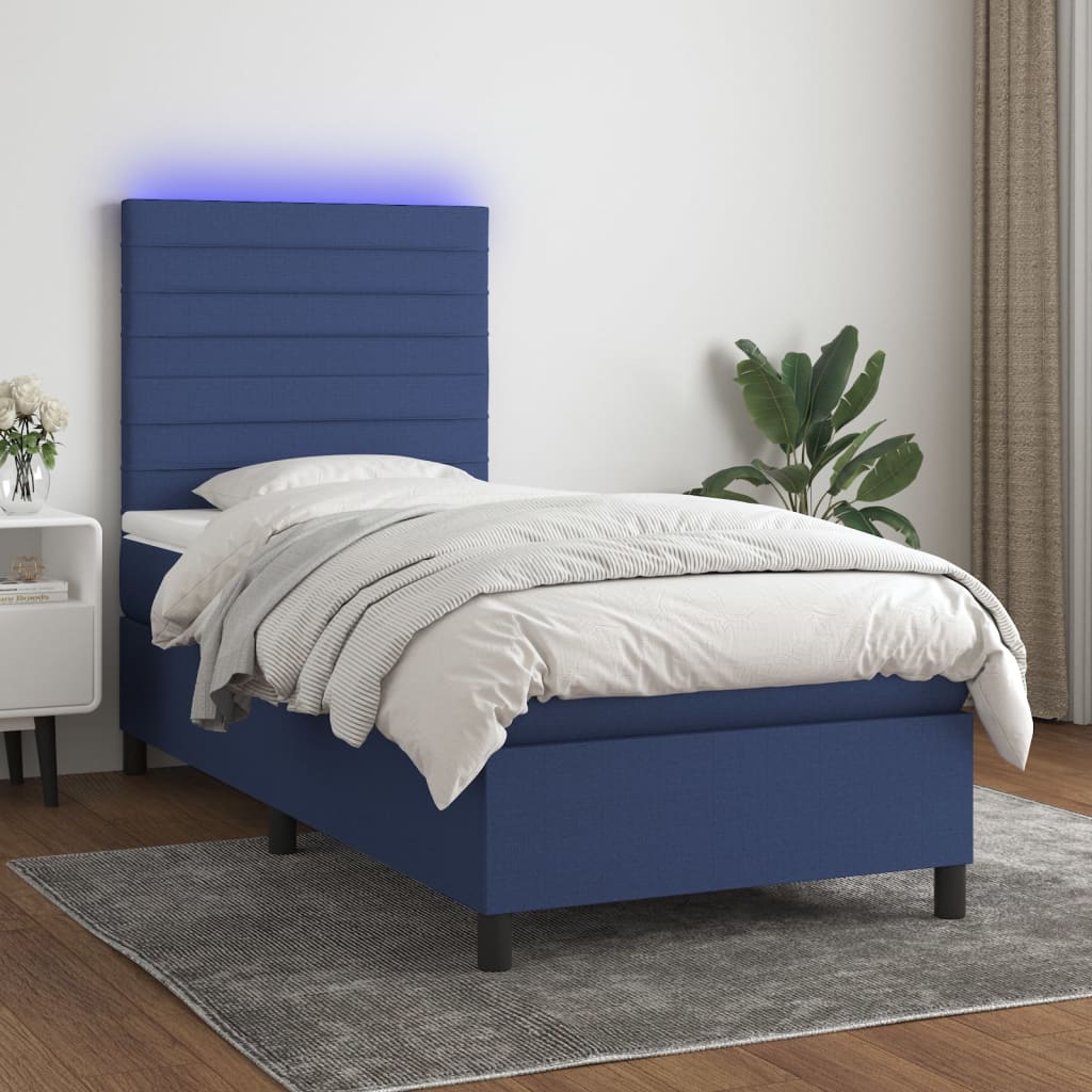 Κρεβάτι Boxspring με Στρώμα & LED Μπλε 90x200 εκ. Υφασμάτινο