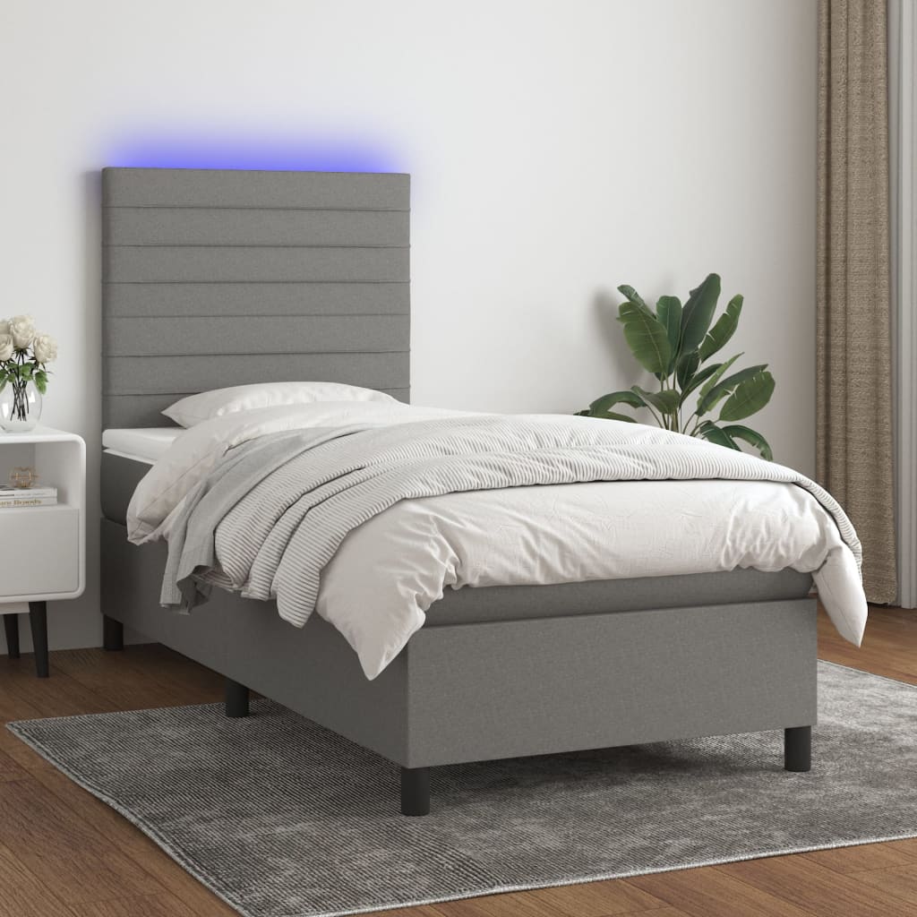 Κρεβάτι Boxspring με Στρώμα & LED Σκ.Γκρι 100x200 εκ Υφασμάτινο