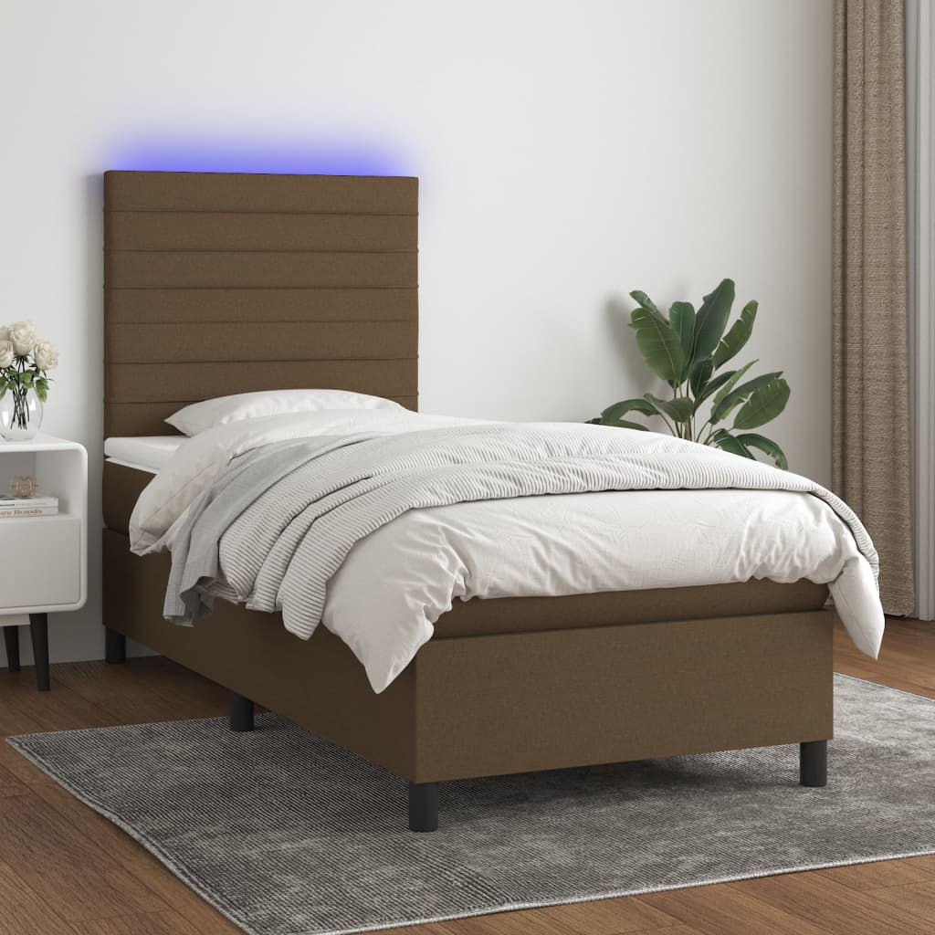 Κρεβάτι Boxspring με Στρώμα & LED Σκ.Καφέ 100x200 εκ Υφασμάτινο