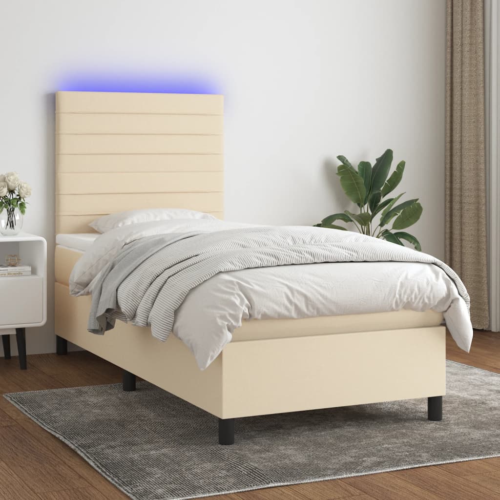Κρεβάτι Boxspring με Στρώμα & LED Κρεμ 100x200 εκ. Υφασμάτινο