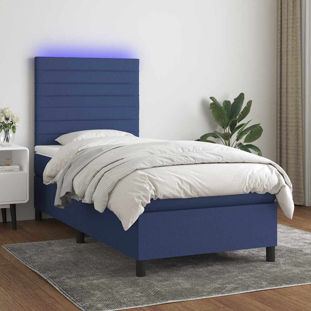 Κρεβάτι Boxspring με Στρώμα & LED Μπλε 100x200 εκ. Υφασμάτινο - Pakobazaar