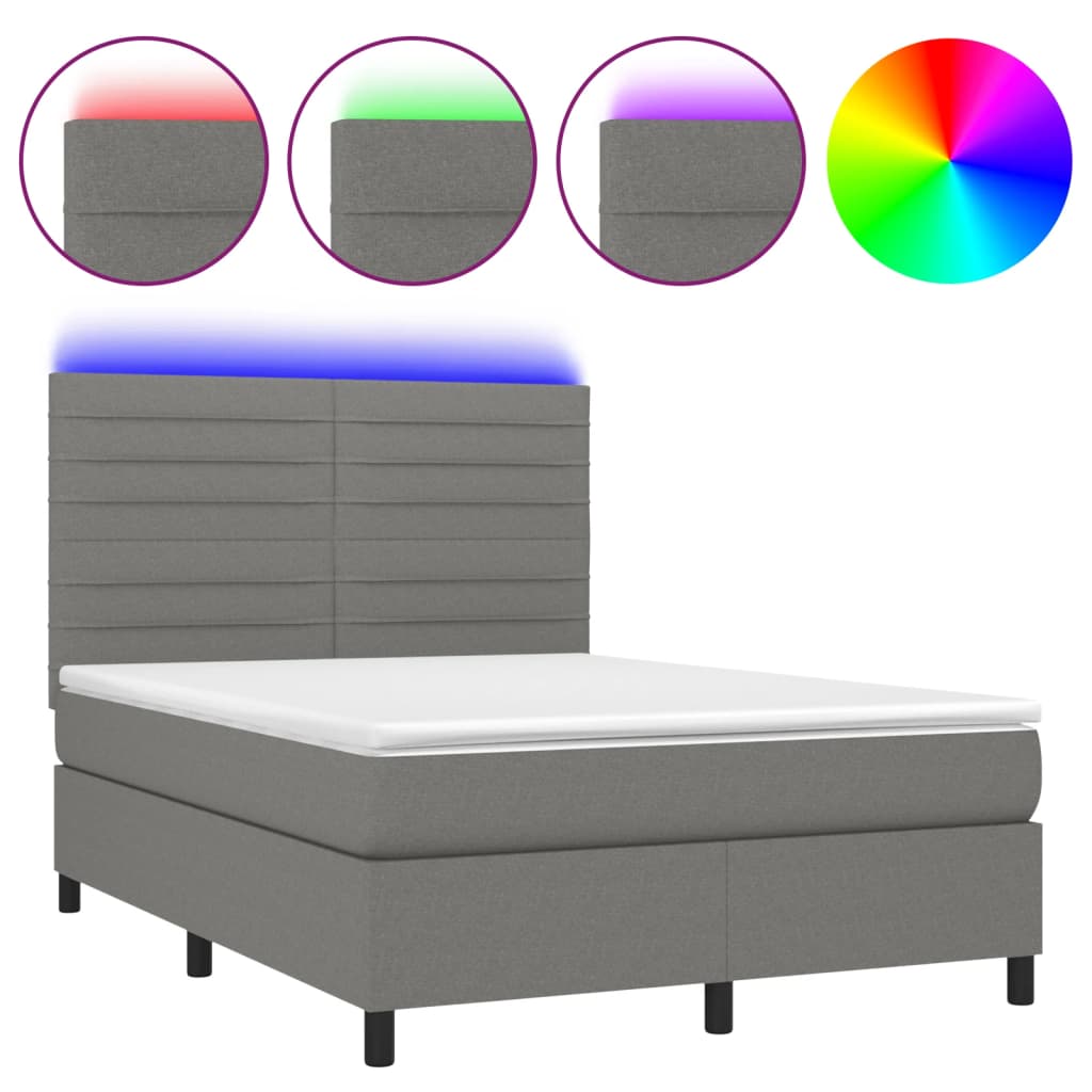 Κρεβάτι Boxspring με Στρώμα & LED Σκ.Γκρι 140x190εκ. Υφασμάτινο